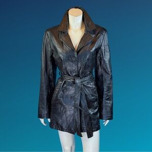 90s Vintage Black Leather Patchwork Belted Mini Trench Coat / M
